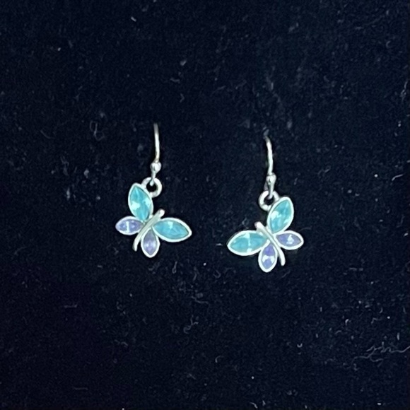 Butterfly Earrings Silver Tone and Jewel Tone Blue Purple - Picture 1 of 6